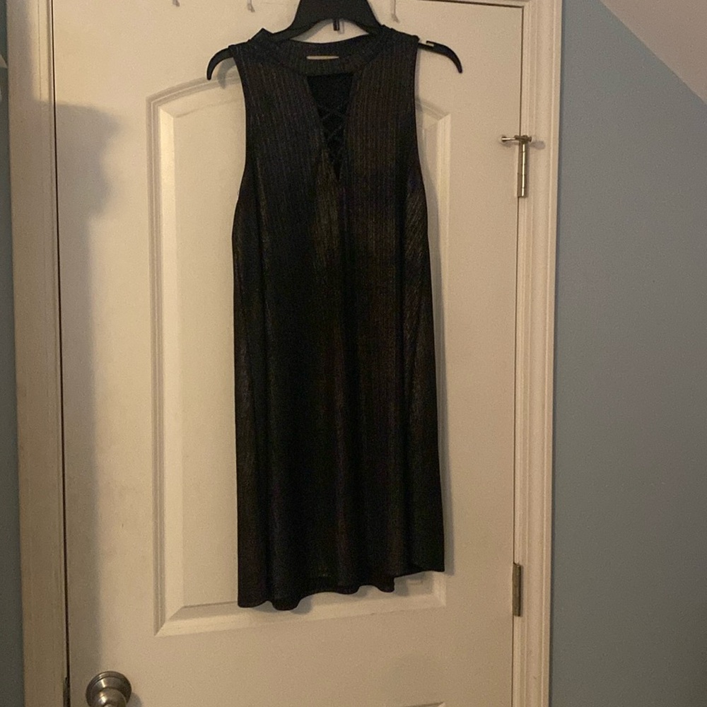 Black metallic A-frame halter top dress